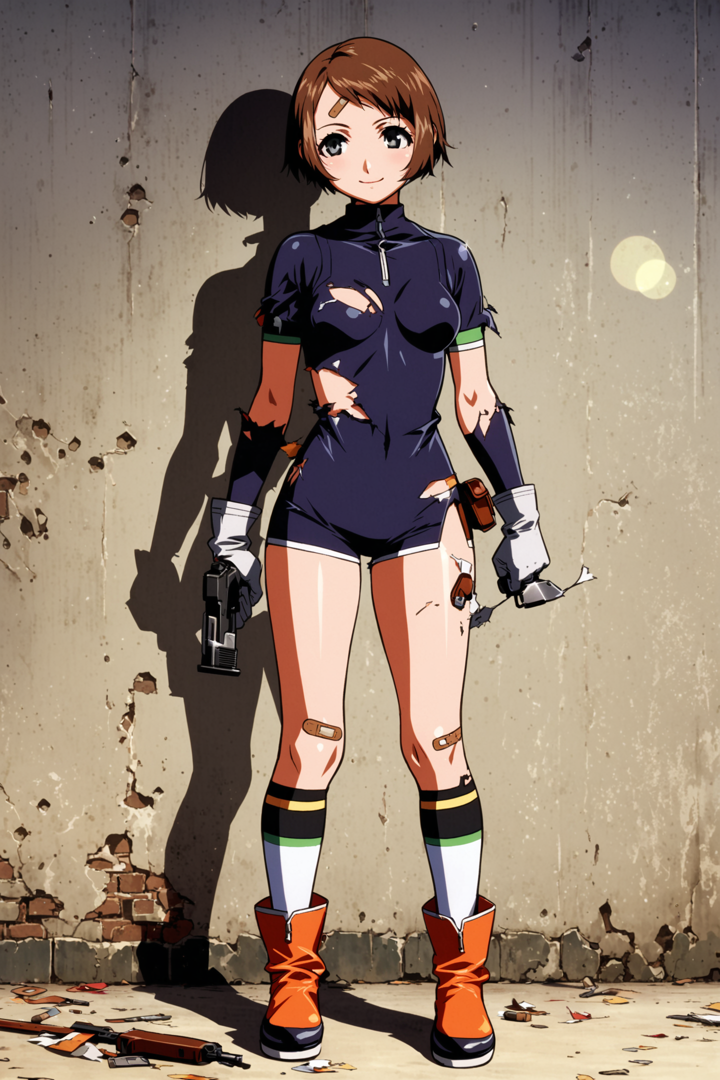 29223-973929666-Asami Igarashi,1girl,solo,dual wielding,gun,bandaid,weapon,short hair,torn clothes,holding,handgun,gloves,bodysuit,boots,bandaid.png